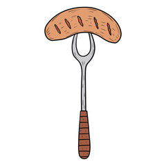 Hand drawn cartoon fried sausage on a fork on white background.