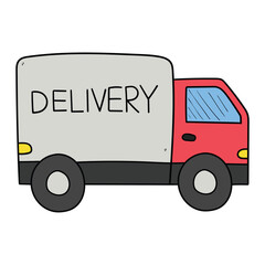 Hand drawn cartoon red delivery van on white background.