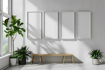 Bright and airy interior featuring four blank picture frames, a wooden bench, and lush indoor plants, creating a tranquil atmosphere.