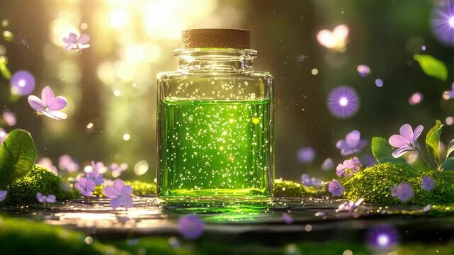 Enchanting forest elixir jar with glowing green potion and floating petals