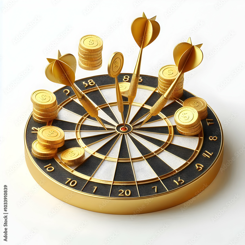 Poster 3d dartboard with golden coins as dart points - vector illustration features realistic texture and m