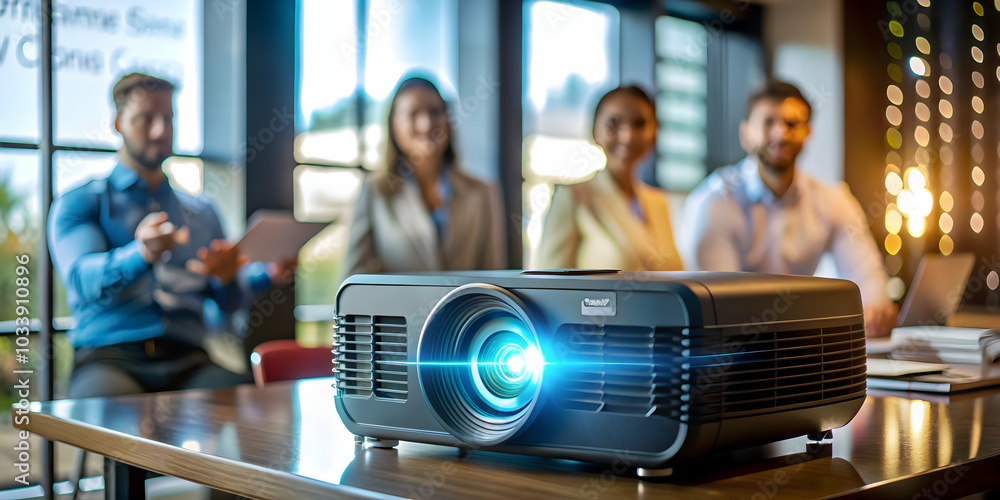 Poster futuristic projector close-up displaying holographic business presentation with glowing background a