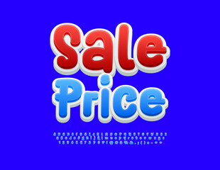 Vector playful advertisement Sale Price. Funny Blue Font. Artistic Alphabet Letters and Numbers set