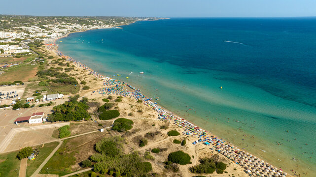 Aerial view of Pescoluse beach in Salento, Puglia, Italy. It is a hamlet of Salve and a seaside village with many holiday homes and villas. This beach is also called the Maldives of Salento.