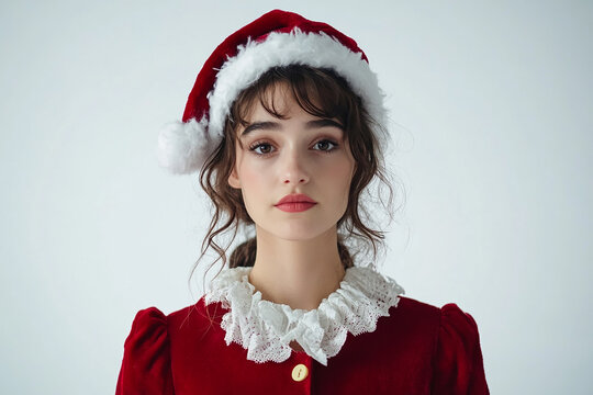 Beautiful girl in Christmas outfit on white background