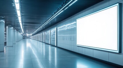 Obraz premium an empty underground subway hall with a sleek, illuminated light box ready for advertising, the modern architecture echoing the pulse of urban life
