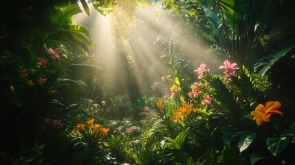 an enchanted tropical rainforest scene bursting with lush greenery, exotic flowers, and dappled sunlight filtering through the canopy, creating a magical atmosphere of biodiversity