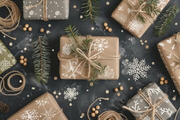 Rustic christmas gifts and decor on black background