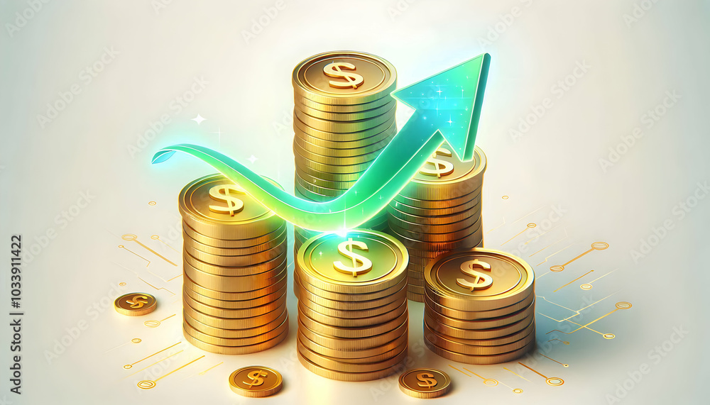 Poster 3d floating coin stack with growth arrow concept - vector illustration of gold coins and glowing gre