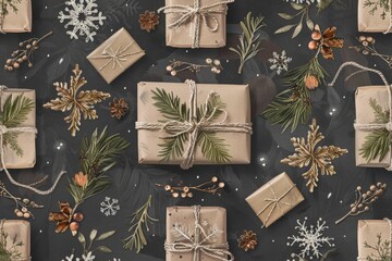 Festive christmas gifts with greenery and pinecones