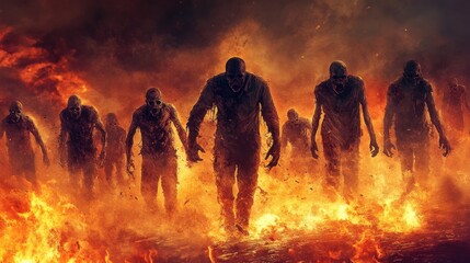 Fototapeta premium Apocalyptic Zombies Rising from Fiery Inferno on Dark Banner Background
