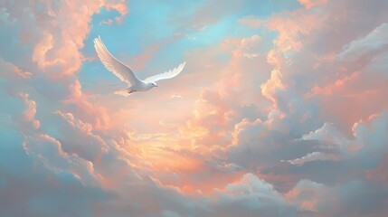 an ethereal painting of a serene sky, filled with fluffy clouds and a white bird soaring gracefully, set against a backdrop of pink and blue hues