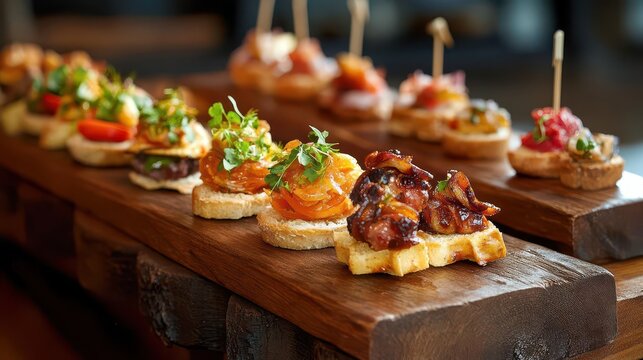 an enticing selection of basque pinchos and tapas, beautifully arranged on rustic wooden platters, showcasing vibrant colors and textures of traditional spanish cuisine