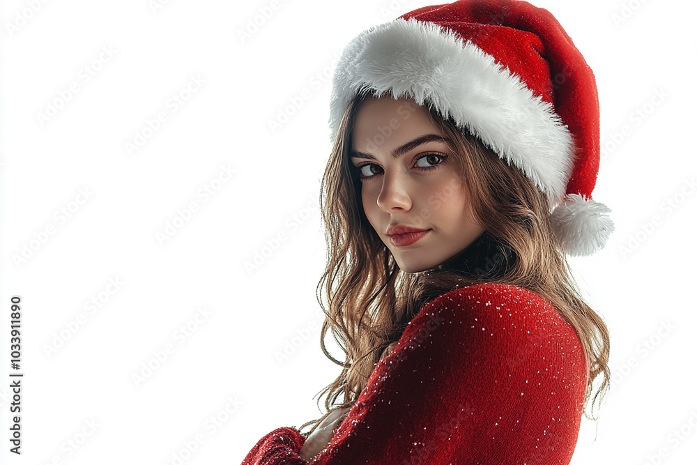 Wall mural beautiful girl in christmas outfit on white background