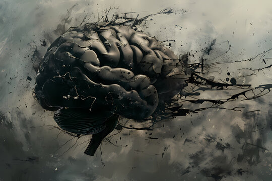 A surreal artistic depiction of a black brain exploding with dark splashes, representing creativity and chaos in thought processes.