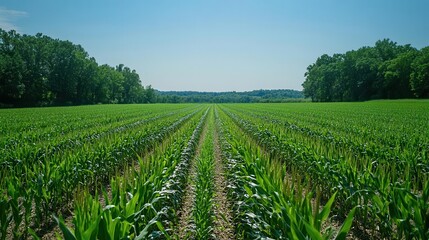an organic maize farm stretches into the distance, showcasing rows of vibrant green plants under a clear blue sky. the sweet corn garden symbolizes growth and abundance in the countryside
