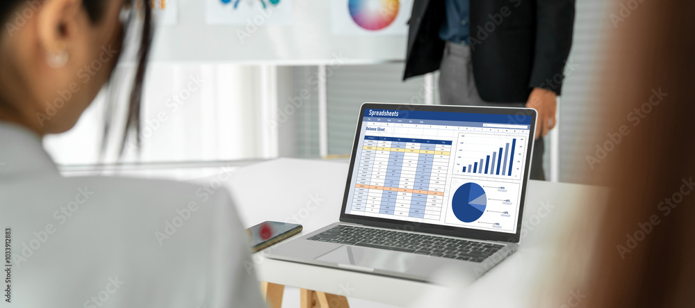 Poster spreadsheet document information financial startup concept. data and graphs in spreadsheet documents