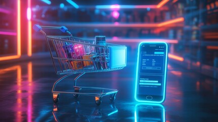 A shopping cart with digital interfaces displaying product details, beside a glowing smartphone showing a shopping interface