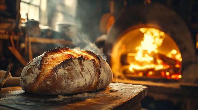 Sourdough bread baking in a traditional stone oven, flames flickering, the golden crust beginning to form. A rustic bakery setting with wooden beams and baking tools in the background. hd quality,