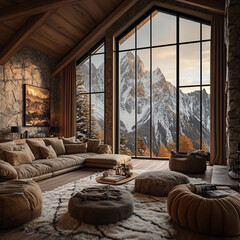 cozy warm home interior of a chic country chalet with a huge panoramic window overlooking the winter forest. open plan, wood decoration, warm colors and a family hearth.
