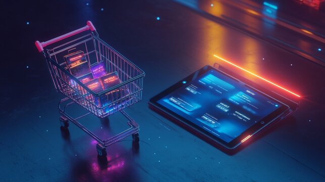 A shopping cart with glowing product descriptions, beside a tablet displaying a shopping app