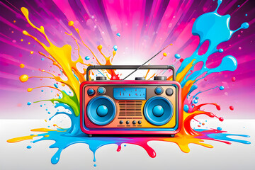 illustration of radio and colour liquid splashing on the abstract background.	