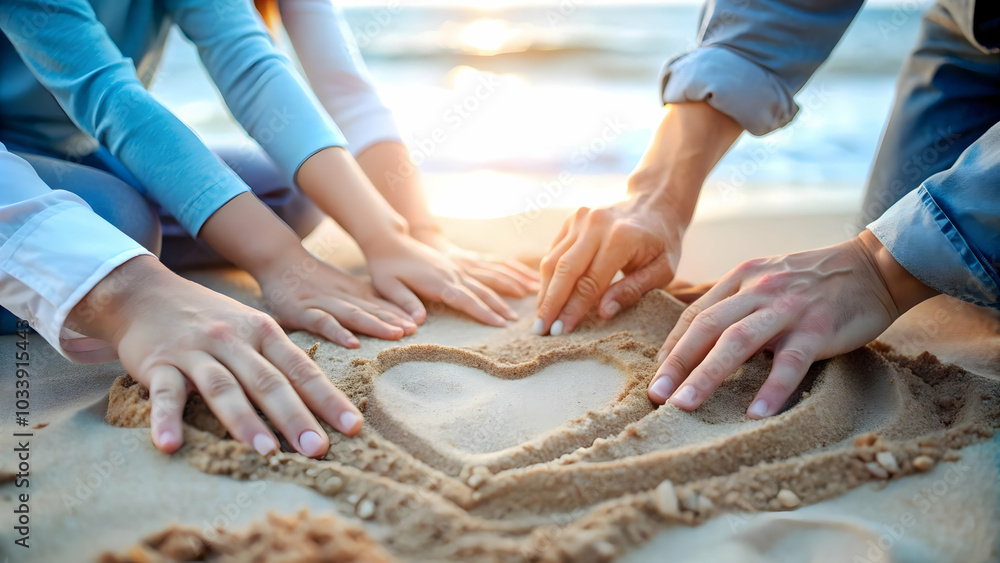 Poster macro close-up of family hands drawing a heart in sand - symbolizing love and unity, ample copy spac