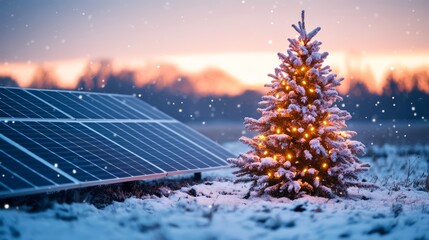 A Christmas tree powered by solar panels glowing brightly in a snowy landscape