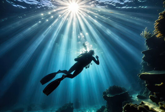 Buceador explorando un arrecife bajo intensos rayos de luz solar filtr&aacute;ndose en el agua cristalina.