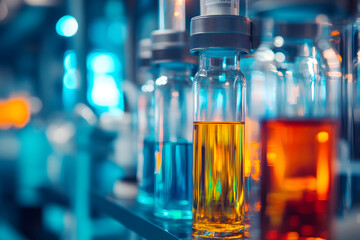 close up of glass containers filled with colorful chemicals, showcasing vibrant hues of orange, yellow, and blue. scene evokes sense of scientific exploration and curiosity