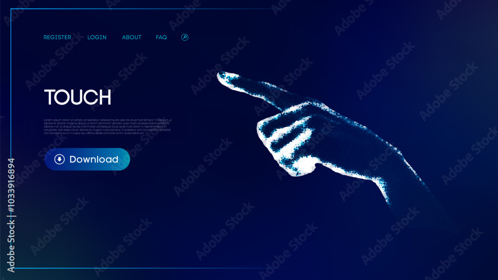 Poster wireframe robot hand in low poly style. futuristic wireframe hand pointing on a blue digital interfa