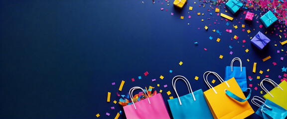 Shopping bags and gift boxes lying on blue background with confetti