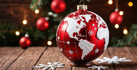 Red christmas globe with world map on rustic wooden table with lights