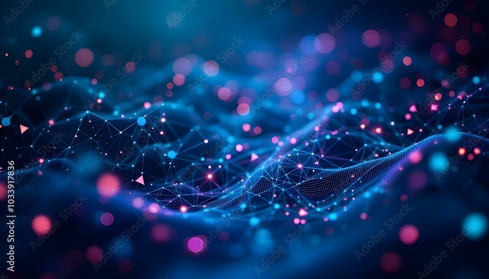 Poster abstract digital background. space filled with polygons and dots. 3d digital wave background. a dark