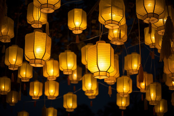 Floating lanterns drift through the night sky, glowing with an otherworldly blue hue, surrounded by floating islands and shooting stars.