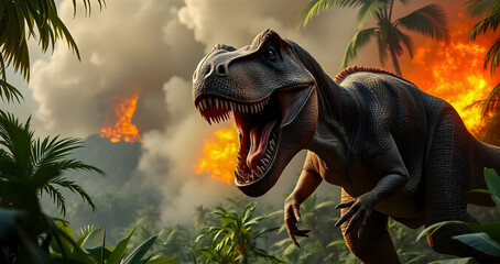 An ultra-realistic scene of a T-Rex roaring in a prehistoric landscape, surrounded by lush...