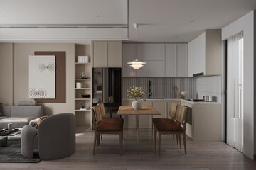 Classic dining room with wooden table and chairs, parquet floor, located next to the kitchen and living area.