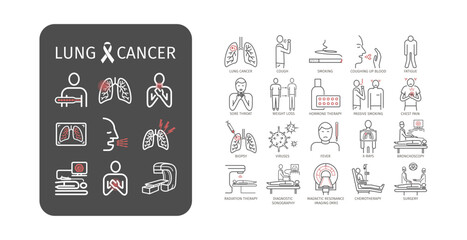 lung disease line icons, such as inhaler, nebulizer, bronchoscopy, copd, cough. Lung Cancer. Symptoms, Causes, Treatment.