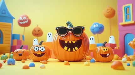 Obraz premium Playful pumpkins with big smiles and sunglasses in a vibrant Halloween setting.