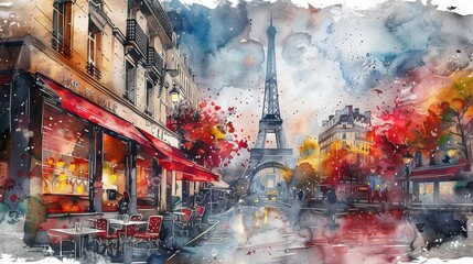 Fototapeta premium Romantic Watercolor Illustration of Paris Scene