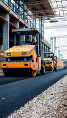 Fototapeta premium An asphalt roller machine paving a new road with fresh asphalt, demonstrating the construction process and showcasing the machinery's efficiency in creating smooth surfaces.