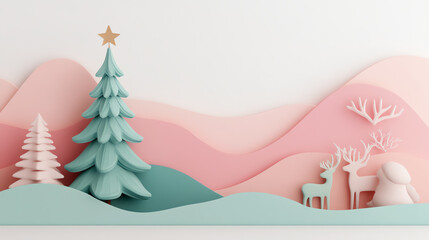 A whimsical winter scene with pastel-colored mountains, a Christmas tree, deer, and snowflakes, creating a festive and cheerful holiday atmosphere.