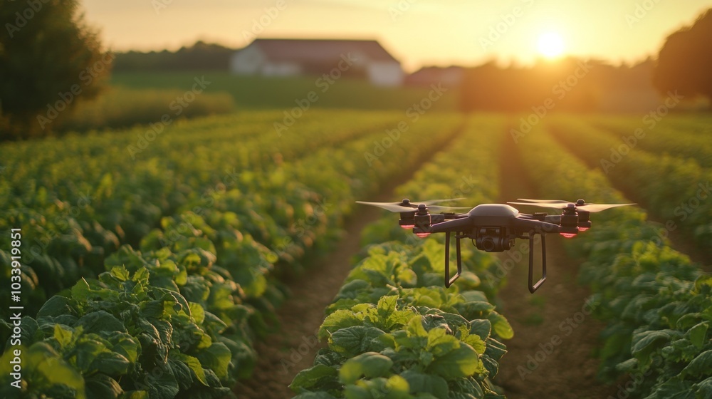 Poster a drone hovers above green fields, capturing aerial views of rows of crops as the sun sets, casting 