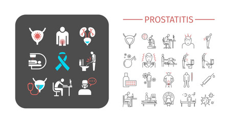 Prostate Cancer symptoms, diagnostic and treatment icon set. Line editable medical line icons.