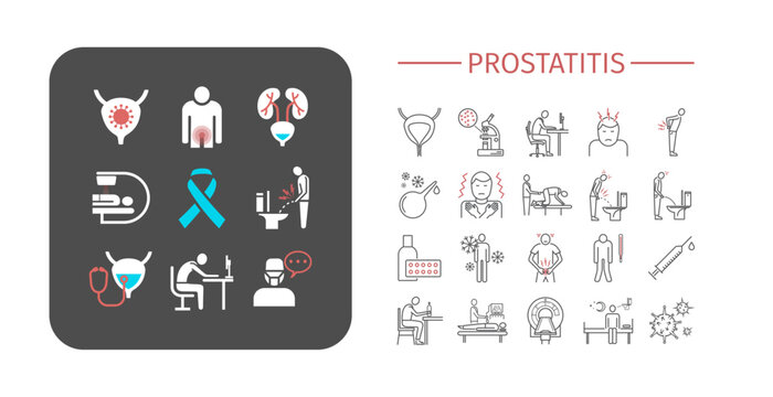 Prostate Cancer symptoms, diagnostic and treatment icon set. Line editable medical line icons.