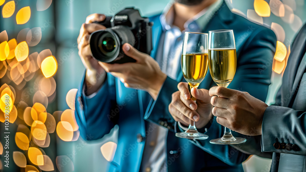 Poster bokeh business milestone concept: professionals toasting with champagne in a sleek setting with soft