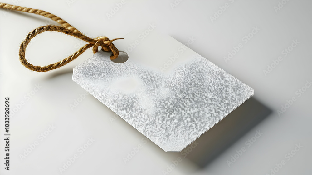 Poster 3d plain price tag with copy space concept - close up side view of simple tag on glossy white surfac