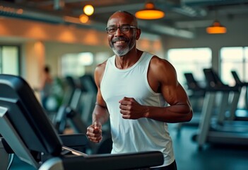 Happy elderly black man exercising on treadmill at gym