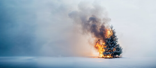 Obraz premium un sapin de Noël en train de brûler - fond gris clair
