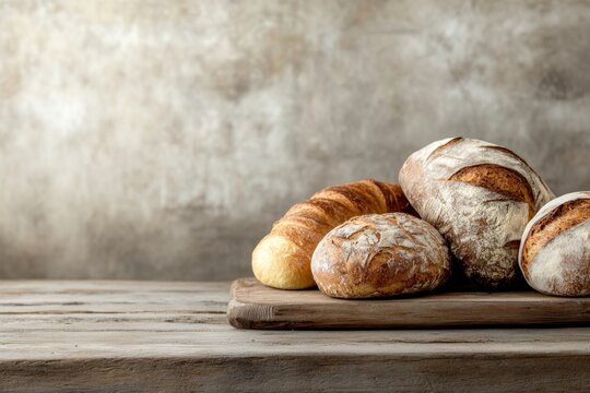 A high-resolution image of assorted freshly baked bread loaves on a wooden table with blank space on the side, ideal for commercial use in bakery promotions. 